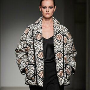 NWT EARLY FALL PUFFER JACKET by COMMENSE Stylish Black Brown Patterned S